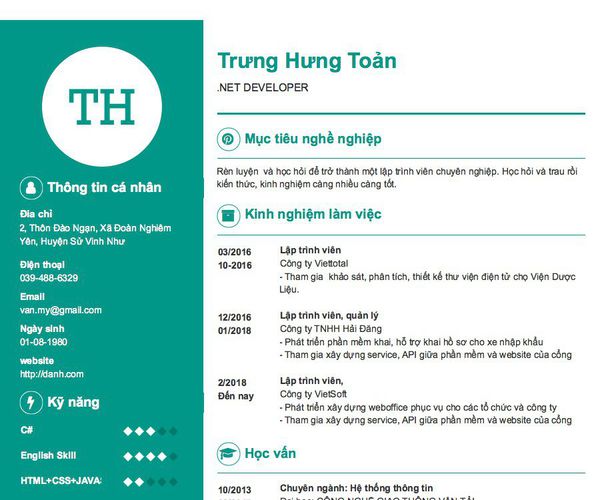 Gợi ý cách viết Mẫu CV tham khảo .NET DEVELOPER