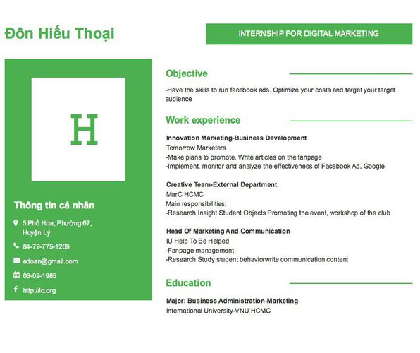 Gợi ý cách viết Mẫu CV tham khảo INTERNSHIP FOR DIGITAL MARKETING
