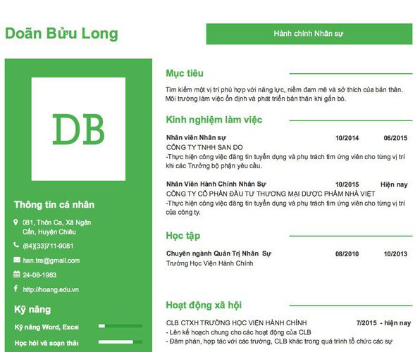 Mẫu CV Hành chính Nhân sự