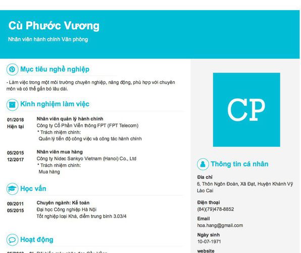 Mẫu CV Nhân viên hành chính Văn phòng