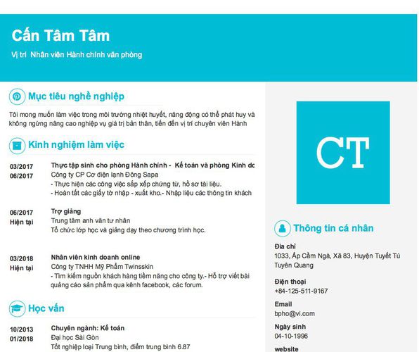 Mẫu CV Vị trí  Nhân viên Hành chính văn phòng