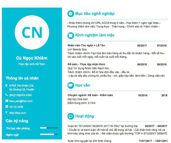 Gợi ý cách viết Mẫu CV tham khảo Thực tập sinh Kế Toán