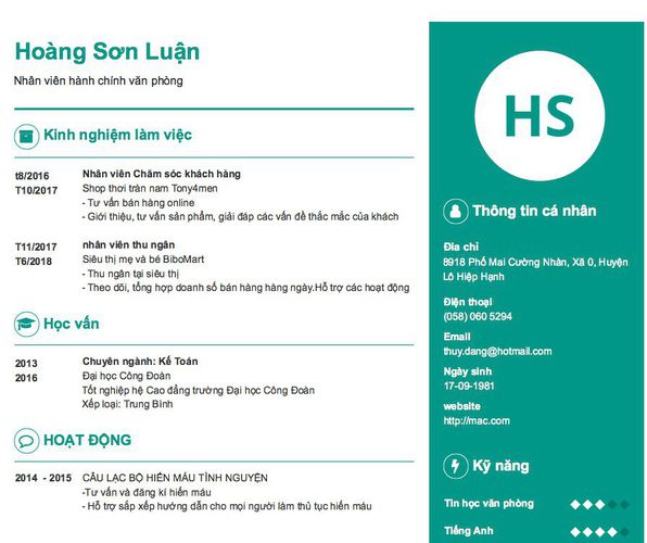 Mẫu CV Nhân viên hành chính văn phòng