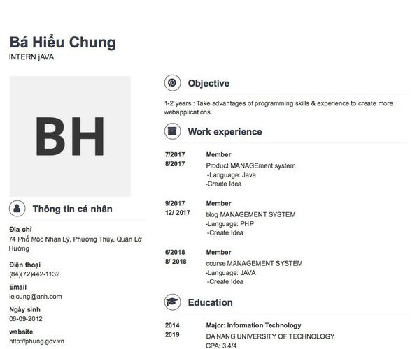 Gợi ý cách viết Mẫu CV tham khảo INTERN jAVA