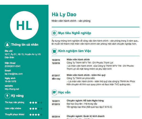 Mẫu CV Nhân viên hành chính - văn phòng