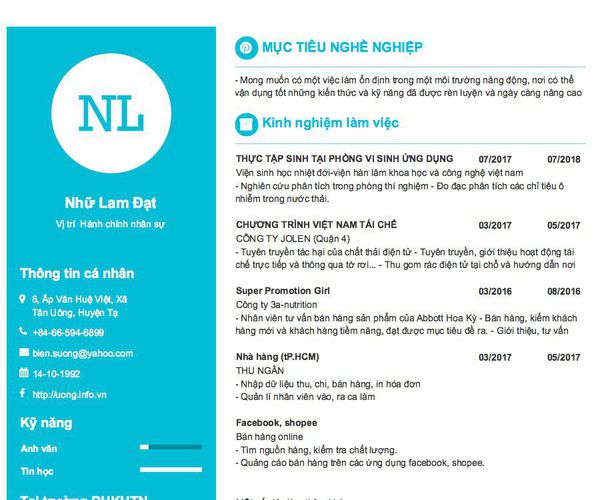 Mẫu CV Vị trí  Hành chính nhân sự