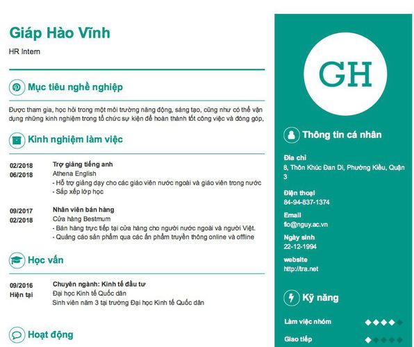 Gợi ý cách viết Mẫu CV tham khảo HR Intern