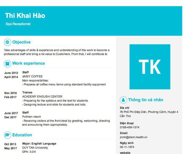 Gợi ý cách viết Mẫu CV tham khảo  Spa Receptionist