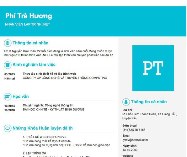 Mẫu CV NHÂN VIÊN LẬP TRÌNH .NET