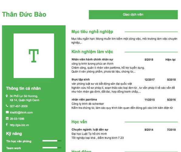 Mẫu CV Giao dịch viên