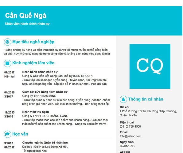 Mẫu CV Nhân viên hành chính nhân sự