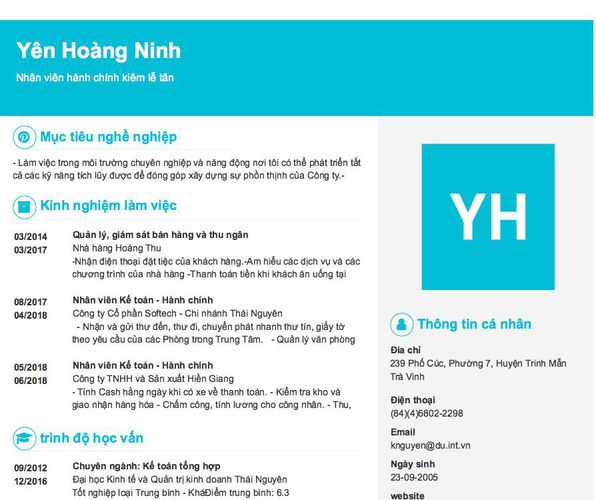Mẫu CV Nhân viên hành chính kiêm lễ tân