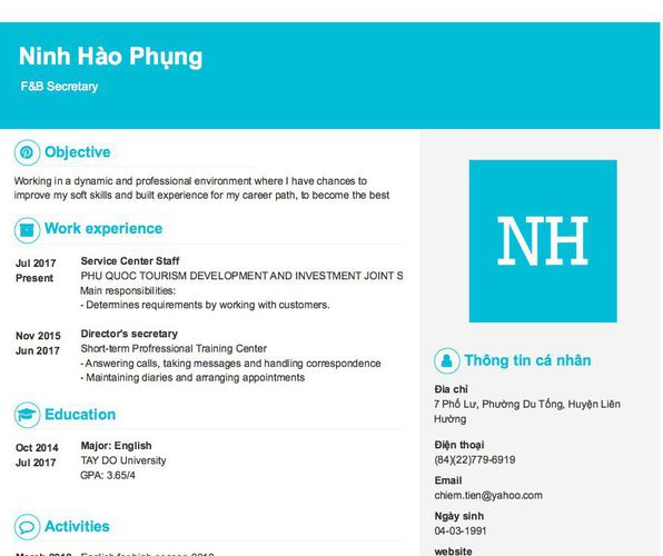 Mẫu CV  F&B Secretary