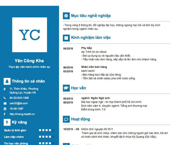Mẫu CV Thực tập viên hành chính nhân sự