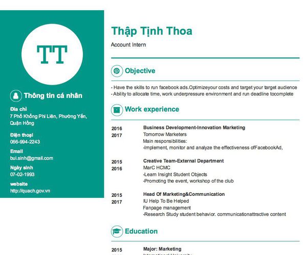 Gợi ý cách viết Mẫu CV tham khảo Account Intern