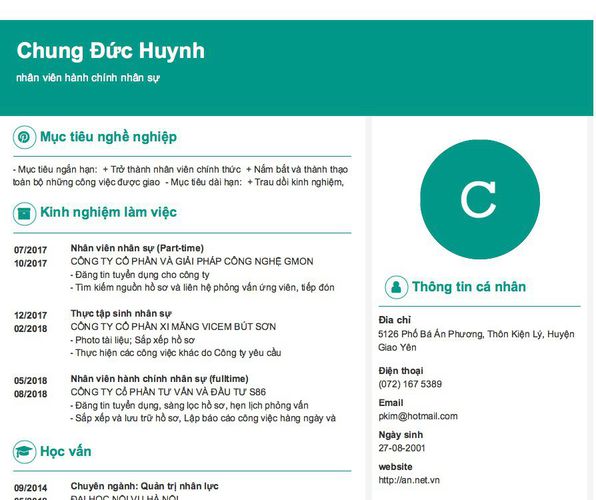 Mẫu CV nhân viên hành chính nhân sự