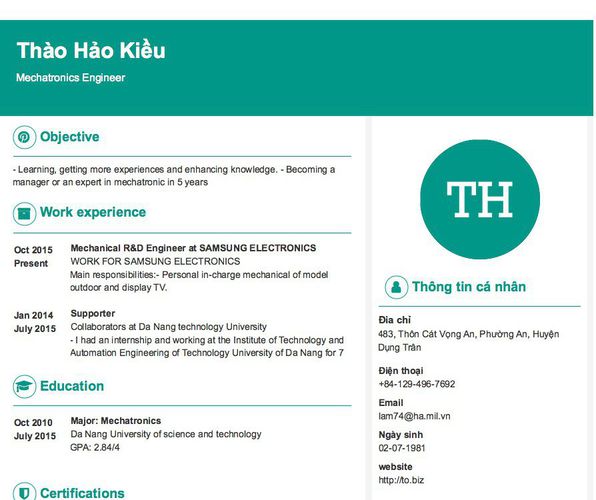 Gợi ý cách viết Mẫu CV tham khảo Mechatronics Engineer