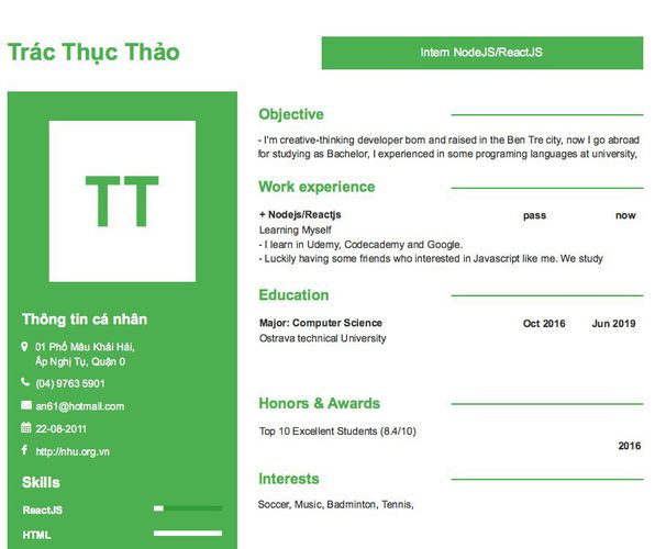 Gợi ý cách viết Mẫu CV tham khảo Intern NodeJS/ReactJS