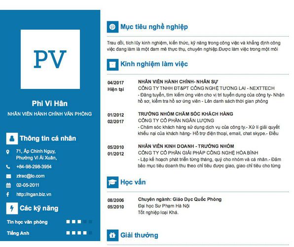 Mẫu CV NHÂN VIÊN HÀNH CHÍNH VĂN PHÒNG