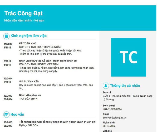 Mẫu CV Nhân viên Hành chính - Kế toán