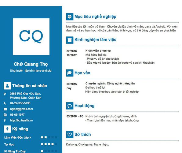 Gợi ý cách viết Mẫu CV tham khảo Ứng tuyển  lập trình java-android