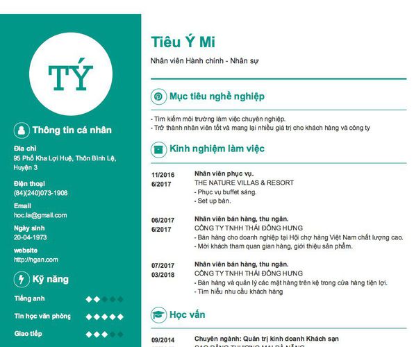 Mẫu CV Nhân viên Hành chính - Nhân sự