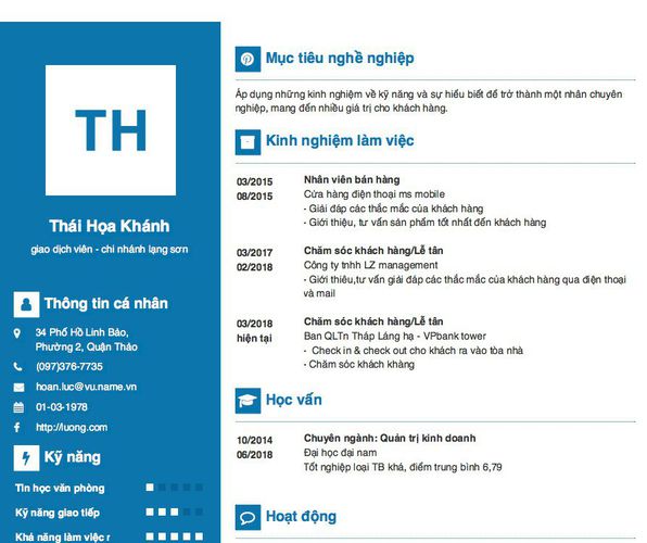 Mẫu CV giao dịch viên - chi nhánh lạng sơn