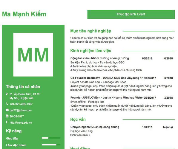 Gợi ý cách viết Mẫu CV tham khảo Thực tập sinh Event