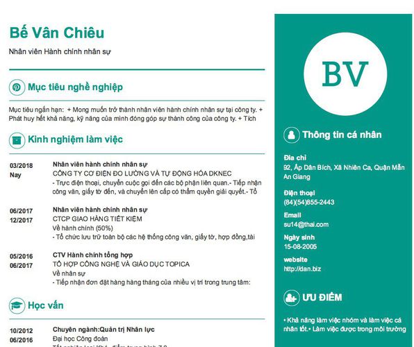 Mẫu CV Nhân viên Hành chính nhân sự