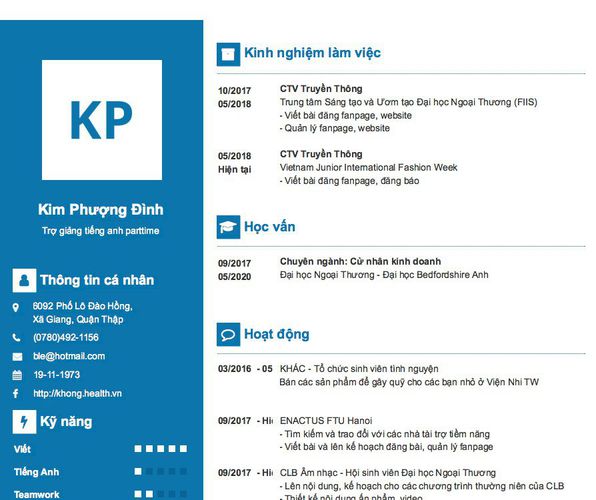 Gợi ý cách viết Mẫu CV tham khảo Trợ giảng tiếng anh parttime