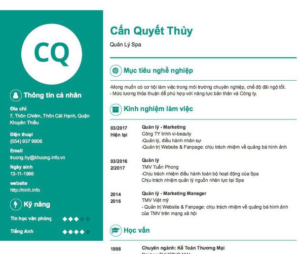 Gợi ý cách viết Mẫu CV tham khảo Quản Lý Spa