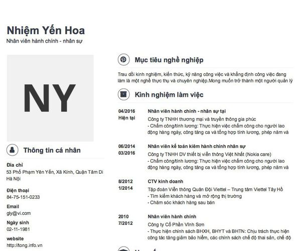 Mẫu CV Nhân viên hành chính - nhân sự