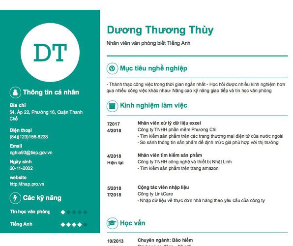 Gợi ý cách viết Mẫu CV tham khảo Nhân viên văn phòng biết Tiếng Anh