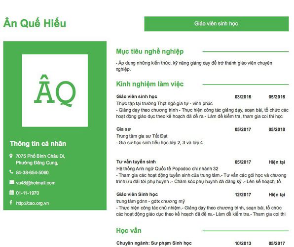 Mẫu CV Giáo viên sinh học