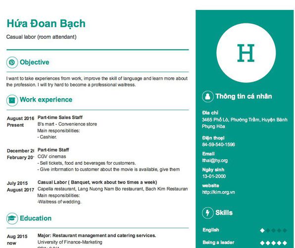 Gợi ý cách viết Mẫu CV tham khảo Casual labor (room attendant)