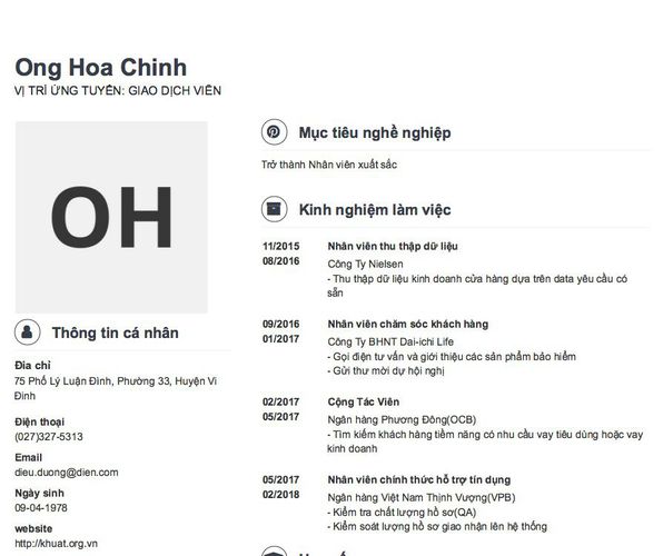 Mẫu CV VỊ TRÍ ỨNG TUYỂN: GIAO DỊCH VIÊN