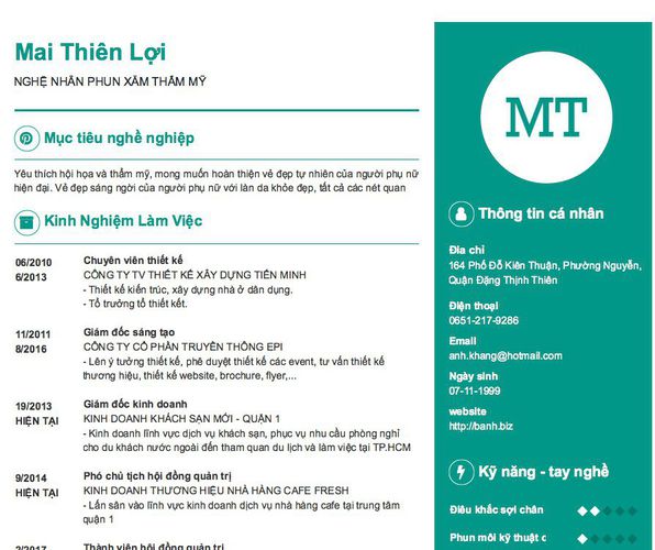 Gợi ý cách viết Mẫu CV tham khảo NGHỆ NHÂN PHUN XĂM THẨM MỸ