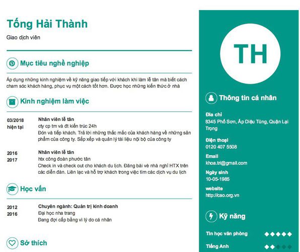 Mẫu CV Giao dịch viên