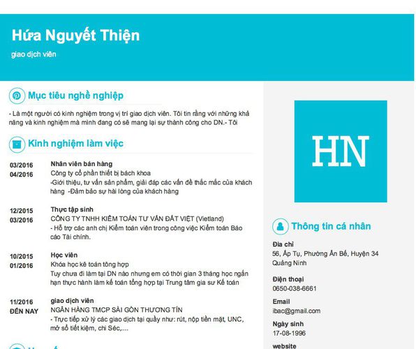 Mẫu CV giao dịch viên