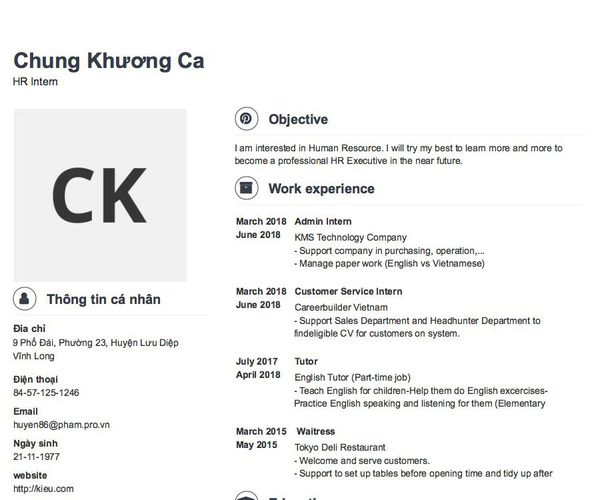 Gợi ý cách viết Mẫu CV tham khảo HR Intern