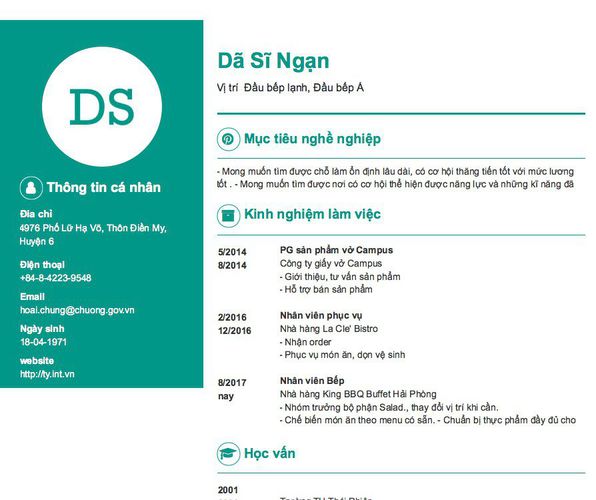 Gợi ý cách viết Mẫu CV tham khảo Vị trí  Đầu bếp lạnh, Đầu bếp Á