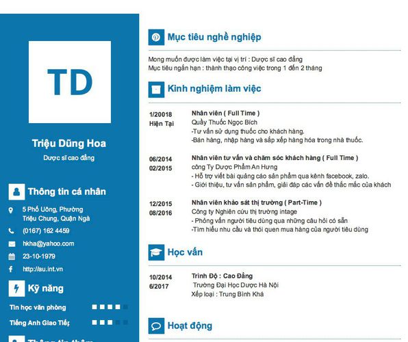 Gợi ý cách viết Mẫu CV tham khảo Dược sĩ cao đẳng