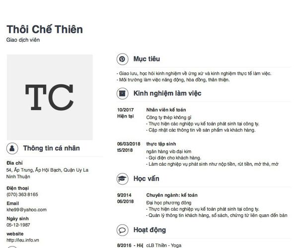 Mẫu CV Giao dịch viên