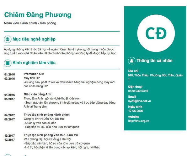 Mẫu CV Nhân viên Hành chính - Văn phòng