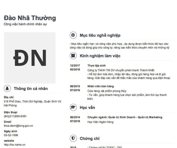 Mẫu CV Công việc hành chính nhân sự