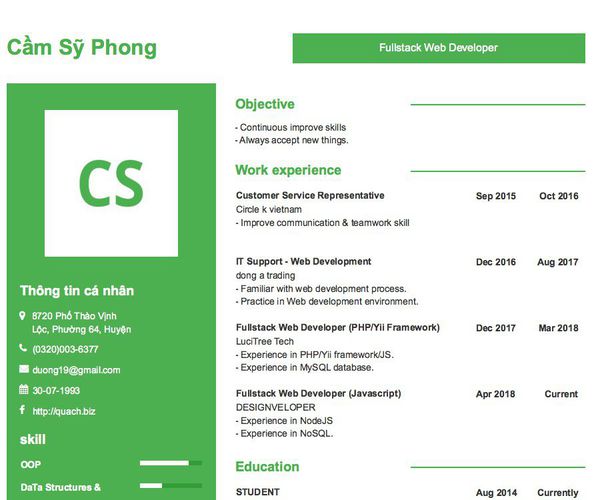 Gợi ý cách viết Mẫu CV tham khảo Fullstack Web Developer