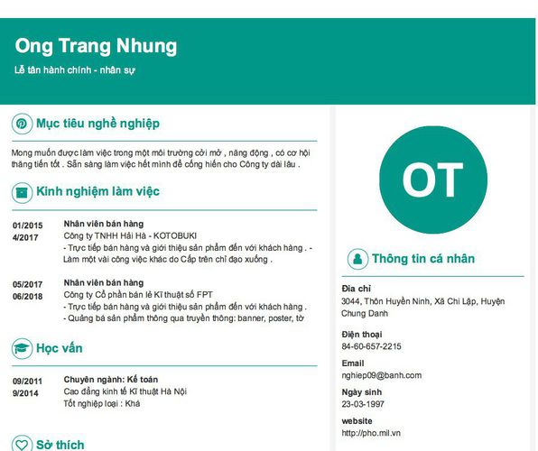 Mẫu CV Lễ tân hành chính - nhân sự