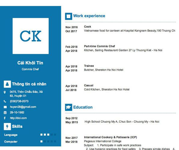Gợi ý cách viết Mẫu CV tham khảo Commis Chef