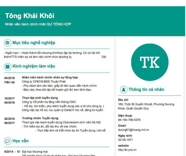 Mẫu CV NHân viên hành chính nhân SỰ TỔNG HỢP