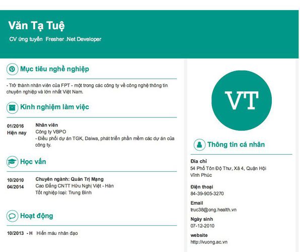 Gợi ý cách viết Mẫu CV tham khảo  CV ứng tuyển  Fresher .Net Developer